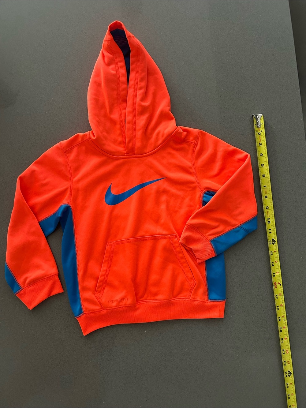 Nike Kids' Orange Pullover Hoodie with Blue Swoosh size 7…